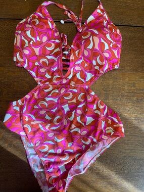 Pink & Orange Floral-Print One-Piece Swimsuit - size 14
